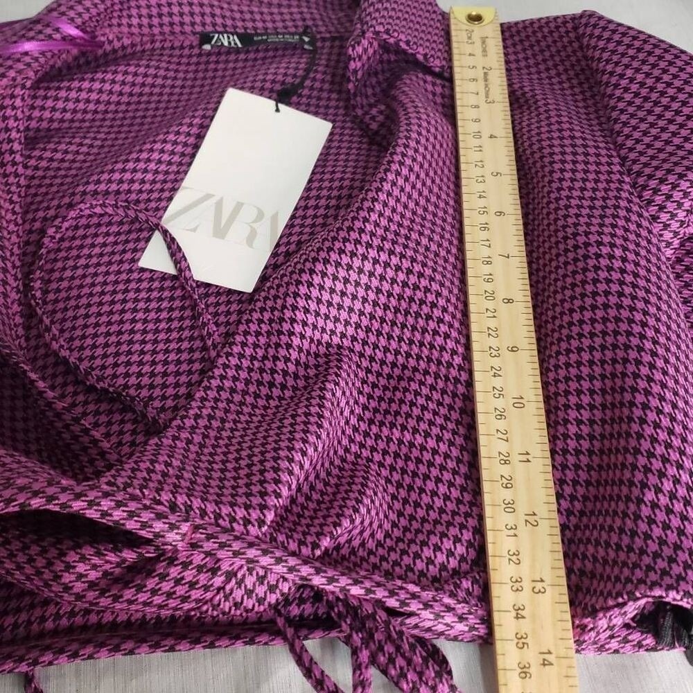 Zara Houndstooth Deep V-neck Long Sleeve Medium Pink Retro Crop Y2K Streetwear - Picture 3 of 8